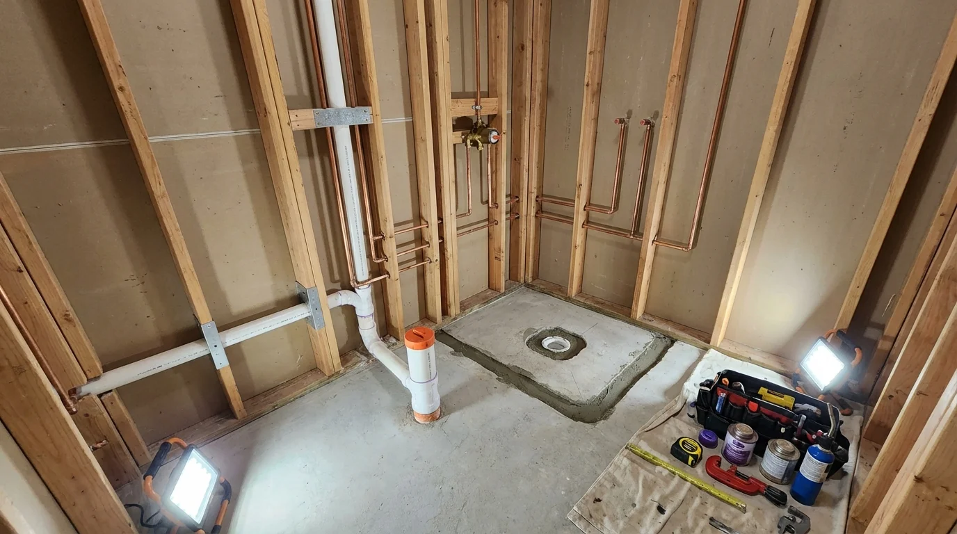 Bathroom rough-in plumbing during remodel by Johns Plumbing LLC in Willow Grove