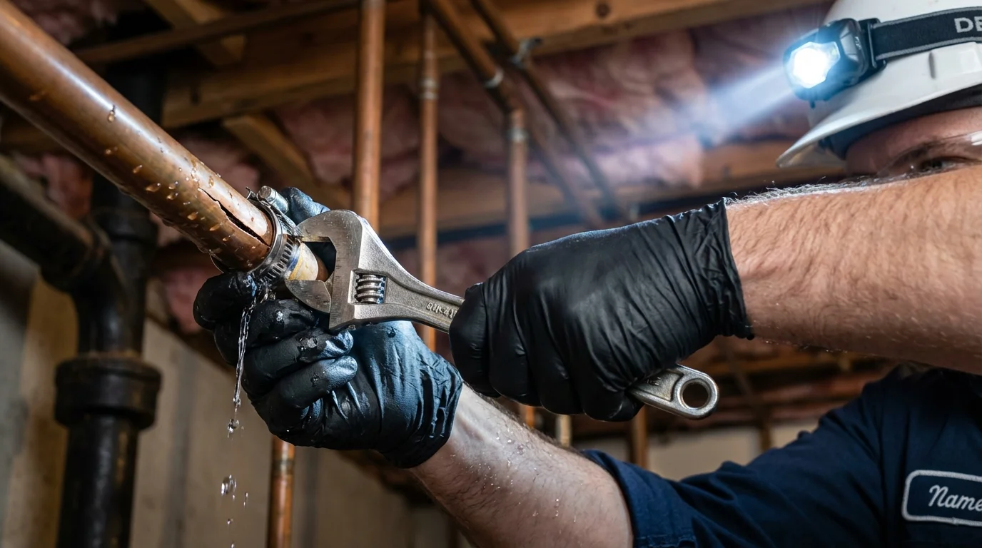 Emergency pipe clamp repair being performed by a Johns Plumbing LLC plumber in Willow Grove