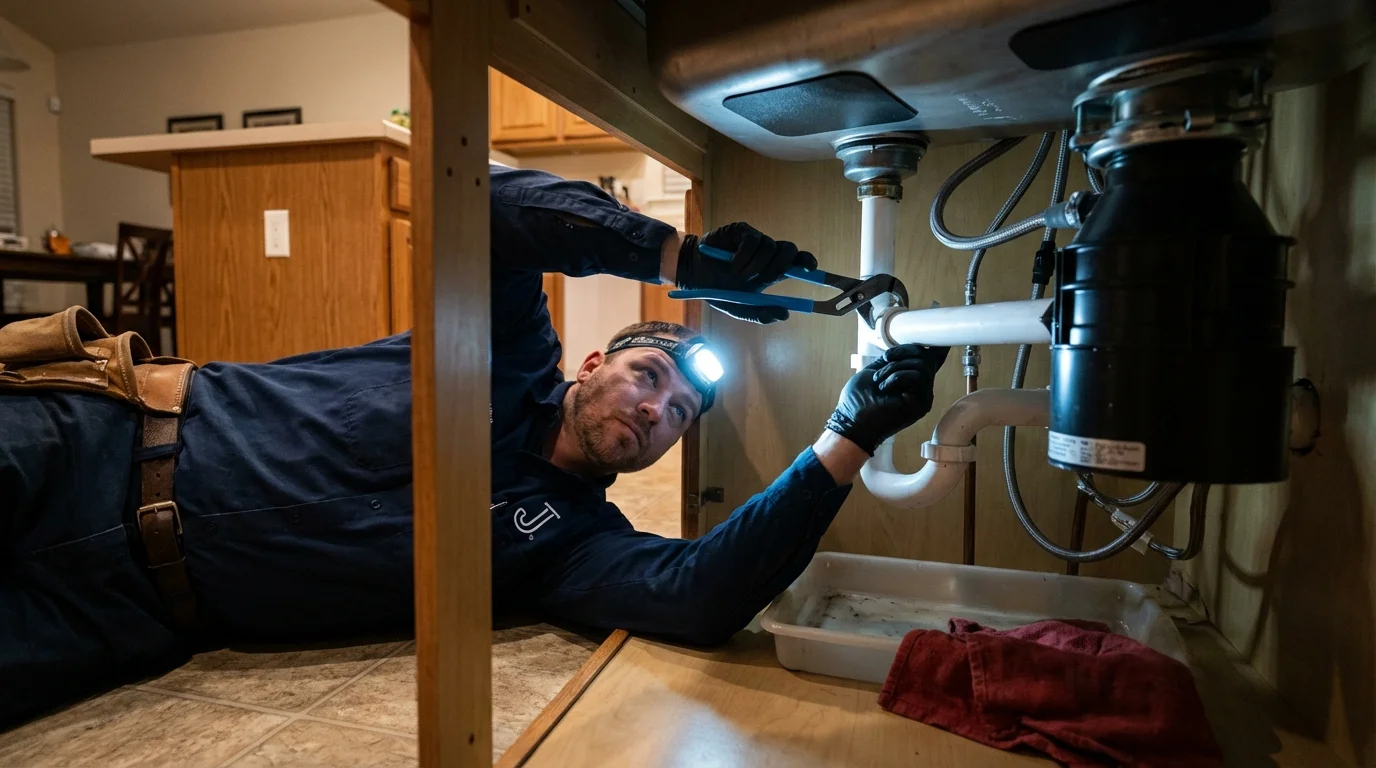 P-trap and supply line connections under a kitchen sink showing a common leak point in Willow Grove, PA